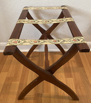 Vintage Scheibe Wood Luggage Suitcase Folding Rack Stand Tapestry Fabric Strips 2