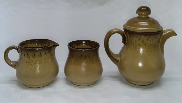 Steingut, Keramik, Kaffeekanne, Zuckerdose, Milchkännchen Braun E 466