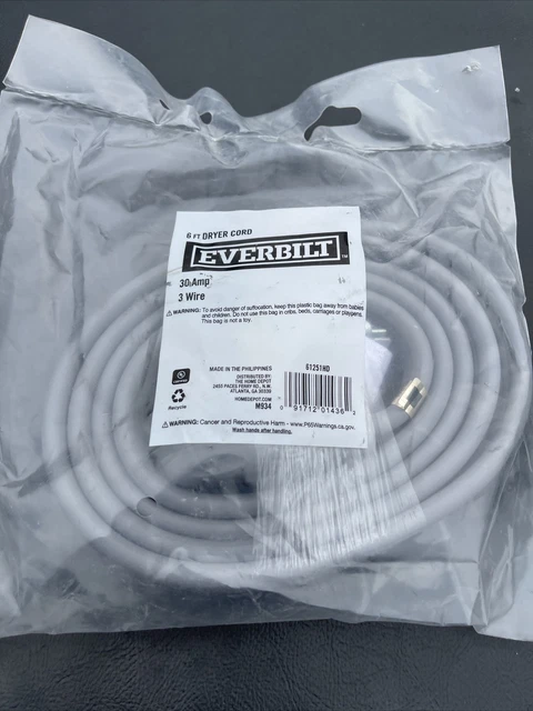 Everbilt 6 Ft. Dryer Cord, 30 Amp, 3 Wire, 61251HD Major Appliance Parts