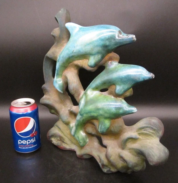 WILLIAM K. TURNER Signed Raku Fired BIG 13" Ceramic DOLPHINS Sculpture USA