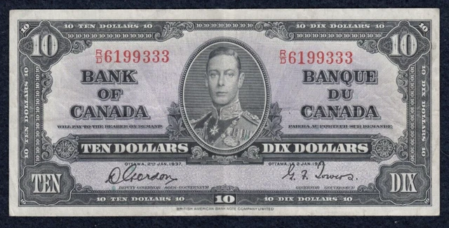1937 Bank of Canada $10 - Cat#BC-24b - S/N: R/D6199333