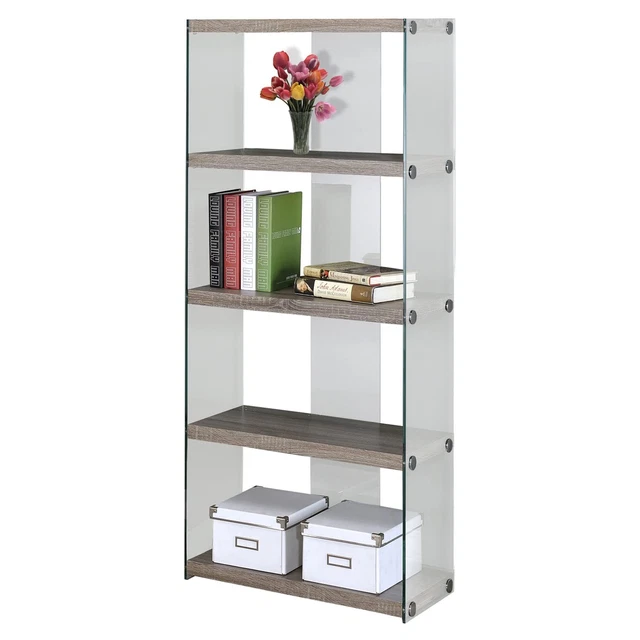 Bookshelf, Bookcase, Etagere, 5 Tier, 60"H, Office, Bedroom, Tempered Glass, Lam