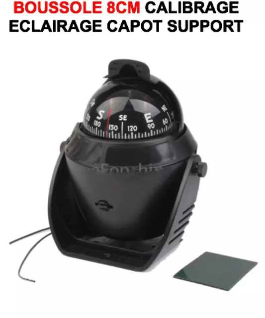 BOUSSOLE ECLAIRE SUPPORT+CALIBRAGE+CAPOT DIAM 8cm QUALITE MARINE! SPECIAL BATEAU