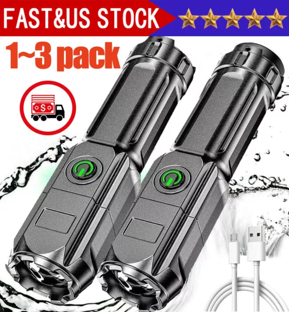 2 Pack Rechargeable 990000LM LED Flashlight Tactical Super Bright Torch Zoomable