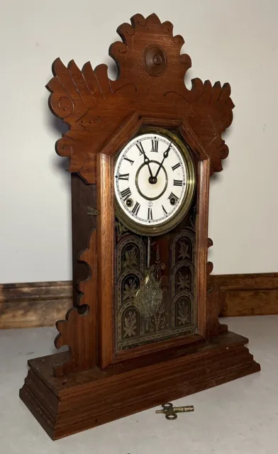 Ingraham Victorian Walnut Gingerbread Kitchen Parlor Shelf Mantel Table Clock