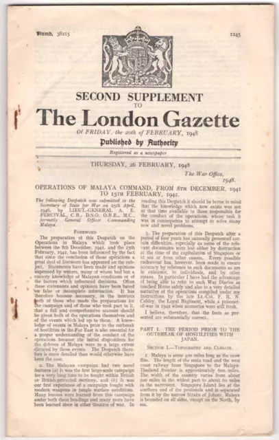 1941-42 British Army Malaya Command Operations Battle Singapore London Gazette