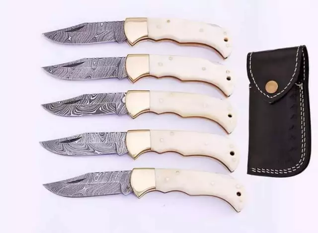 Lot Of 5pic_Custom Hand Made Folding Blade Damascus Steel Hunting Pocket knife