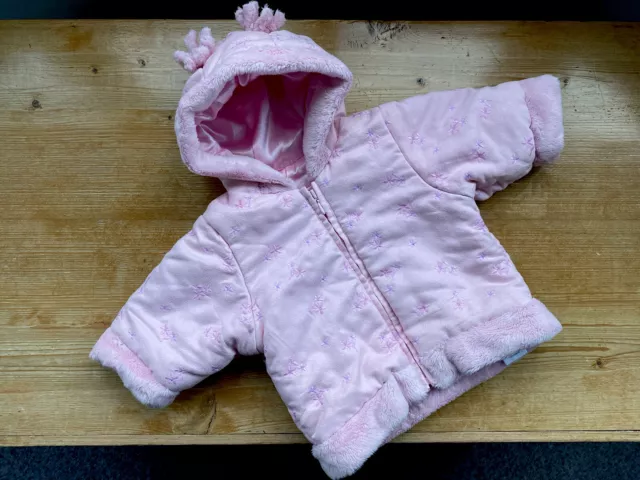 Mothercare Pink Cosy Padded Jacket Baby Girl 0-3 Luxurious Satin Lined Faux Fur