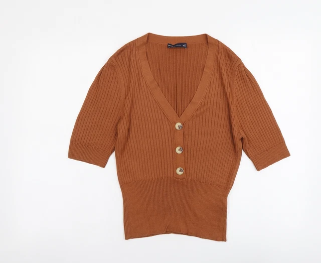 Maglione pullover da donna marrone scollo a V viscosa taglia 14