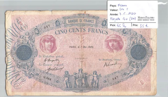 Banconota Francia - 500 Franchi - 7/5/1920 - Fayette 30 (24) Pick 66h - N° 347