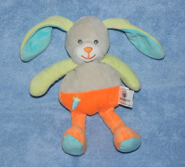 Tout Petit U Doudou Peluche Lapin Gris Orange Bleu Vert Carotte Etat Neuf