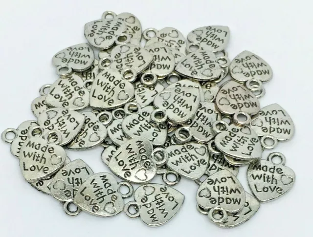 10 Stück Label Handmade Anhänger Herz Made with Love Metall silber gold