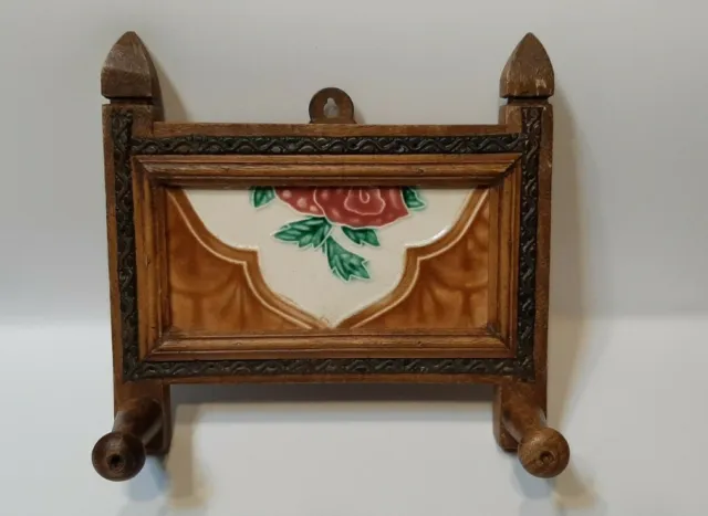 Victorian tile wood dog leash coat hat hooks holder rose flower antique