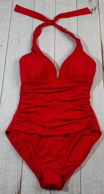 NWOT Polo Ralph Womens Swimsuit 12 Red Beach Club Halter Tummy Control One Piece