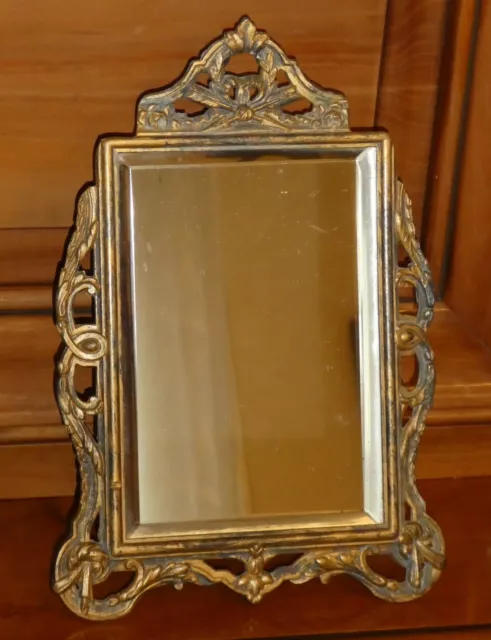 ANCIEN MIROIR A POSER EN BRONZE GLACE BISEAUTE DECOR NOEUD 19ème PSYCHÉ