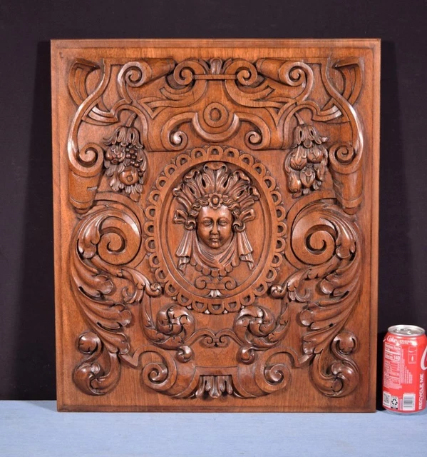 *French Antique Hand Carved Architectural Door Panel Walnut Wood with Face