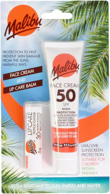 Malibu Sun Duo Pack, SPF 50 Face Cream Sunscreen and SPF 30 Lip Balm Protection