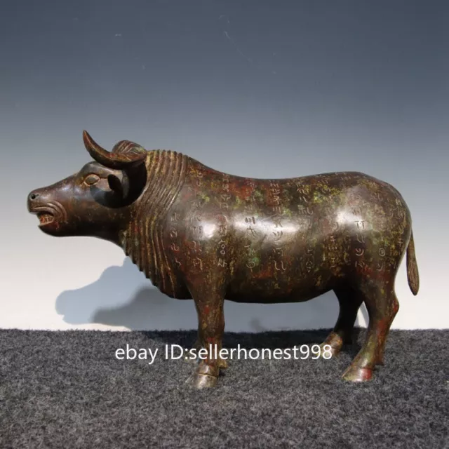 Chinese Dynasty Old Bronze Ware carving Inscription Word Cattle OX Bull Statue