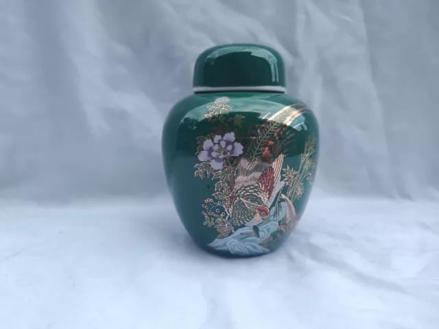 Vintage Porcelain Green Ginger Jar W/ Lid Pheasants & Flowers Gold 6"