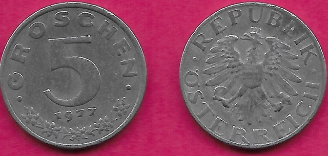 Austria 5 Groschen 1977 Vf Imperial Eagle With Austrian Shield On Breast,Ho