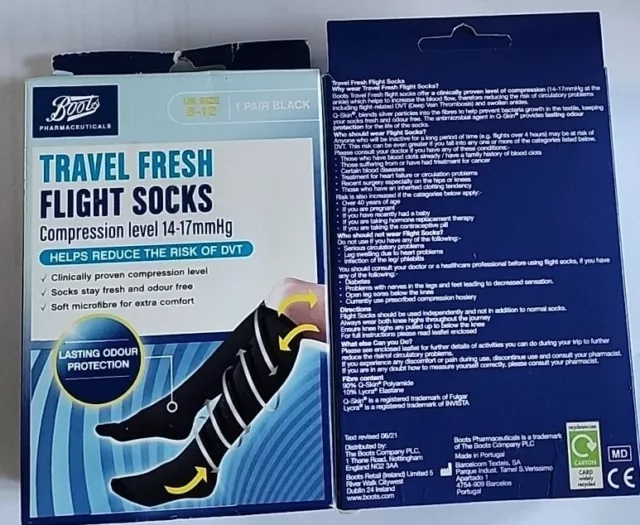 2 X Boots travel fresh flight socks 14-17mmHg UK size 8-12