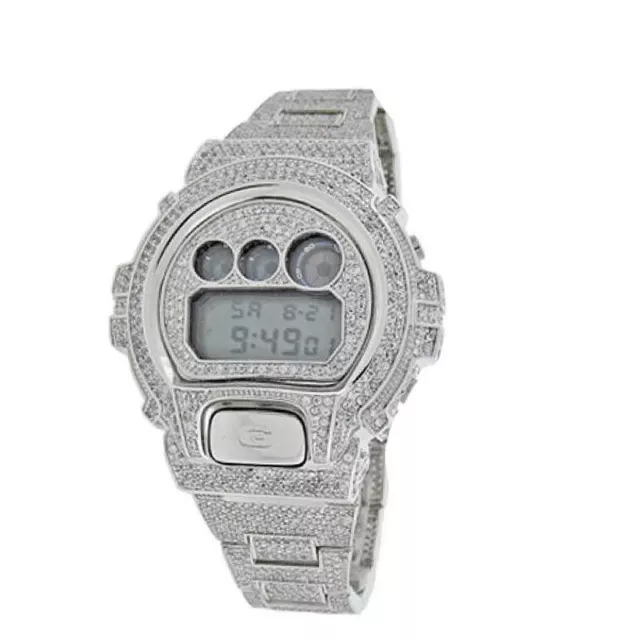 Men Fully Icy Diamond Simulated Authentic G Shock DW6900 White Gold Custom Watch