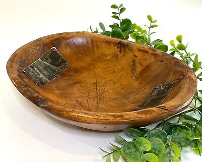Rustic Hand Carved Shallow Wooden Bowl w/Metal Accents Signed - Farmhouse Decor
