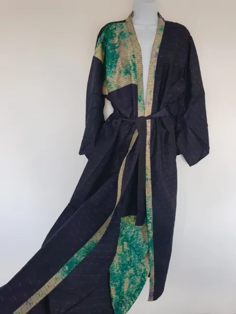 Navy Blue SILK Kimono Gown Robe Retro Vintage Long Dressing Maxi Indian Floaty