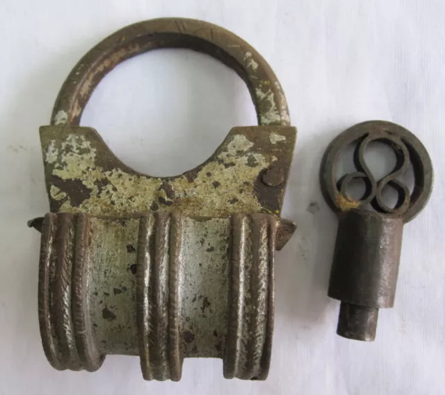 Iron padlock or lock with SCREW TYPE key nice decorative shape, old or antique.