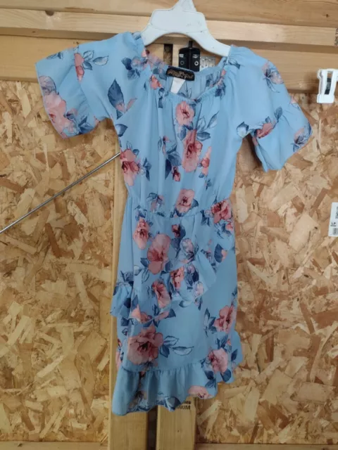 Glitter Girl Blue Floral Short Sleeve Dress With Tiered Ruffle Design Size 7-8