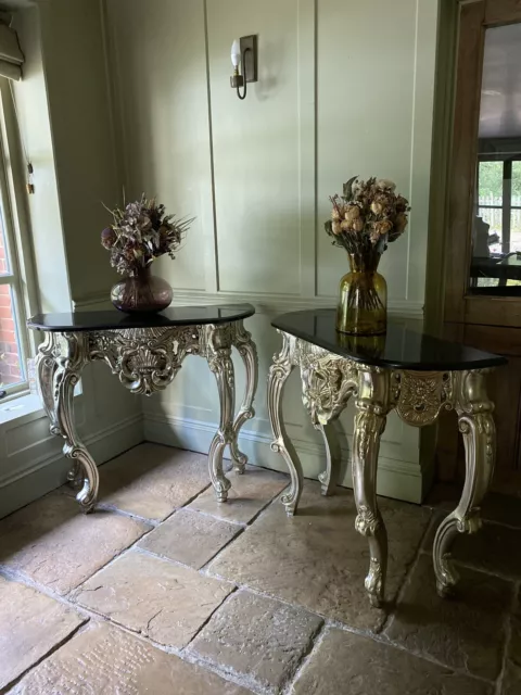 Black Marble Top & Gold French Rococo/ Italianate/ Baroque Console Hall Table 3