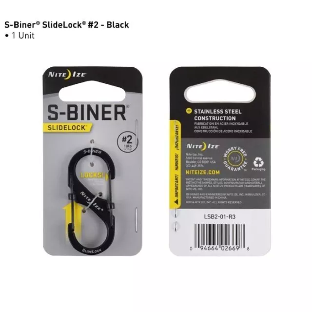 NiteIze S-Biner SlideLock Carabiner Stainless Steel #2 LSB2-01-R3 Black NEW