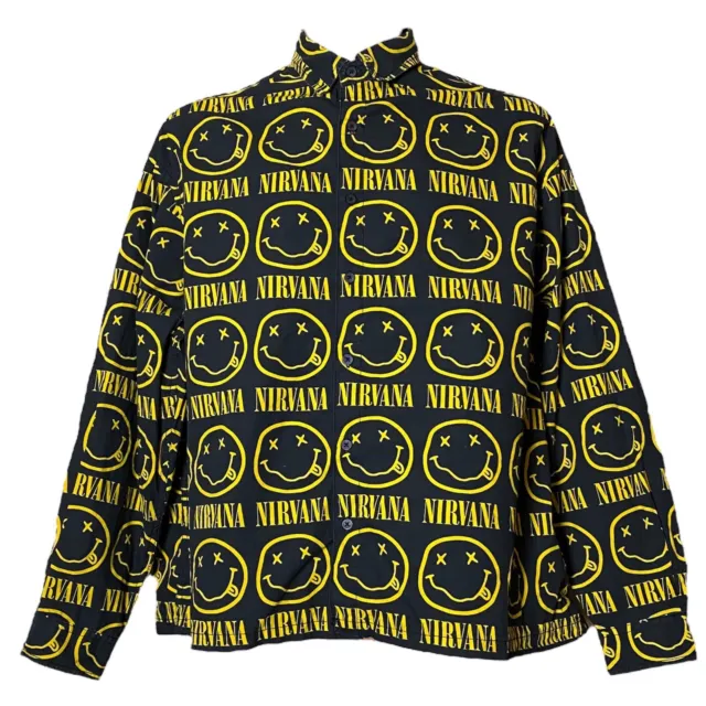 Nirvana All Over Smiley Face Graphic Print Long Sleeve Black Yellow Shirt Size M