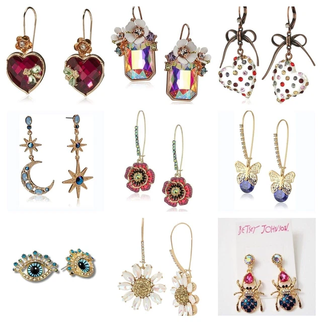 Betsey Johnson Earrings 9PCs Bundle Set - Rose Dangle, Heart Drop, Flower Cluste