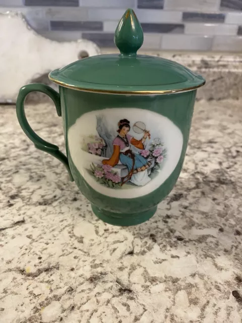 Vintage Lidded Coffee Cup Mug w/ Lid Made in China Asian girl green