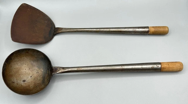 Wrought Iron Farmhouse Antique Ladle & Spatula Forged Wood Handle Primitive OLD
