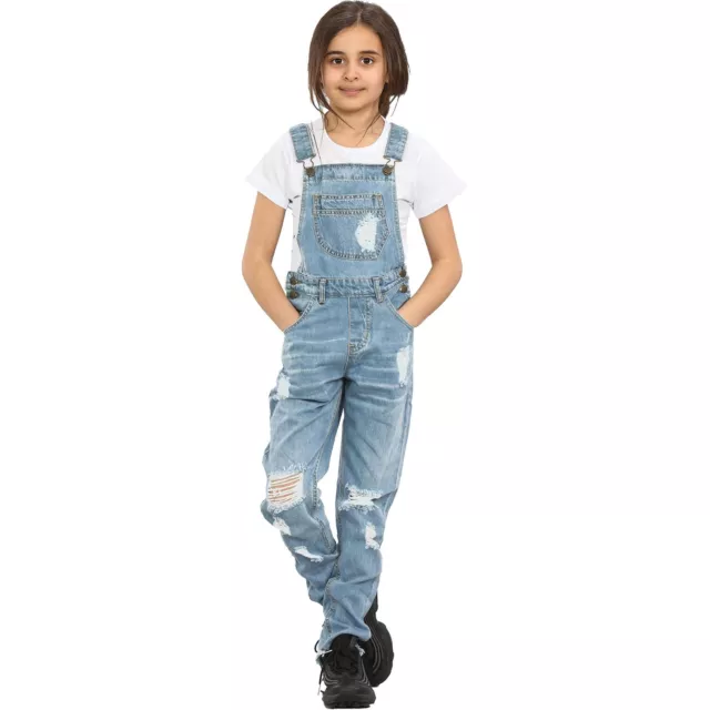 Kids Girls Denim Dungaree Full Length Light Blue Ripped Jeans Fashion Jumpsuit