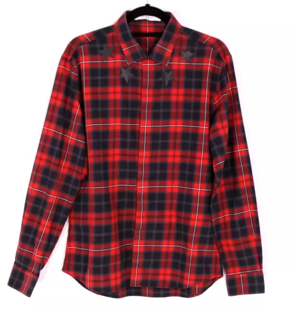 GIVENCHY Red & Gray Plaid Cotton Star Applique Men's Button-Front Shirt 41