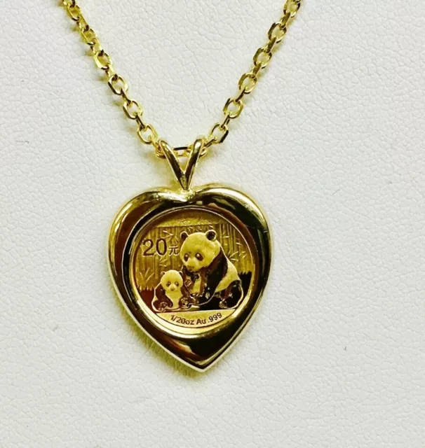 CHINESE PANDA BEAR 20"mm COIN Heart Shape Pendant 14k Yellow Gold Finish