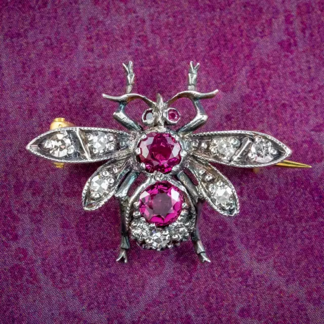 Edwardian Style Ruby Diamond Bee Brooch Silver 18Ct Gold