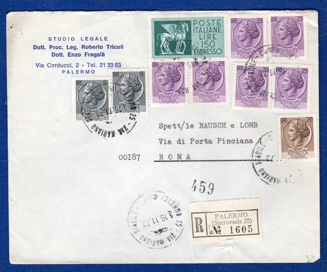 ITALIA-B. RACC. ESP. AFF. 2x5+20+6x25 L. SIR.+ 150 L ESP. da PALERMO il 15-11-73