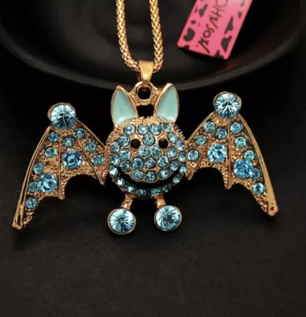Betsey Johnson Blue Turquoise Rhinestone Crystal Bat Pendant Chain Necklace NWT