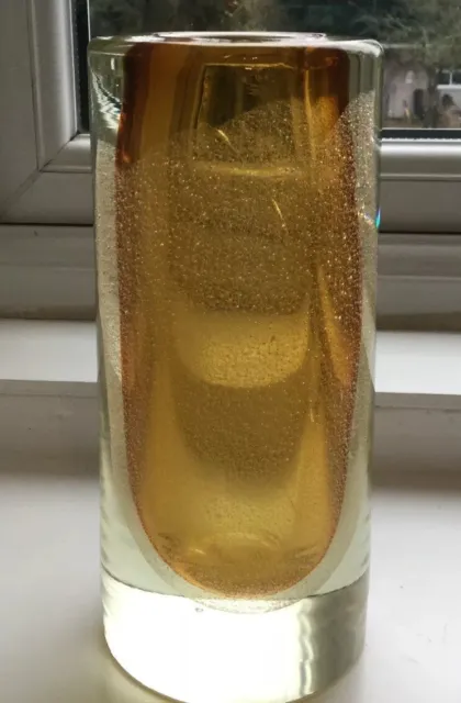 Scandinavian Heavy Glass Gold Vase Controlled Bubbles Effect 19.5cm Tall-2.4kg!