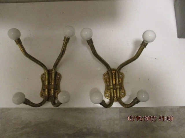 Pair Vintage  Brass Wall Mount Hat Coat Towel Hanger Hook With 4 Porcelain Knobs