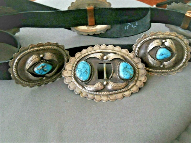 Native American Spiderweb Turquoise Sterling Silver Stamp Work Concho Belt 330g Native American Spiderweb Turquoise Sterling Silver Stamp Work Concho Belt 330g