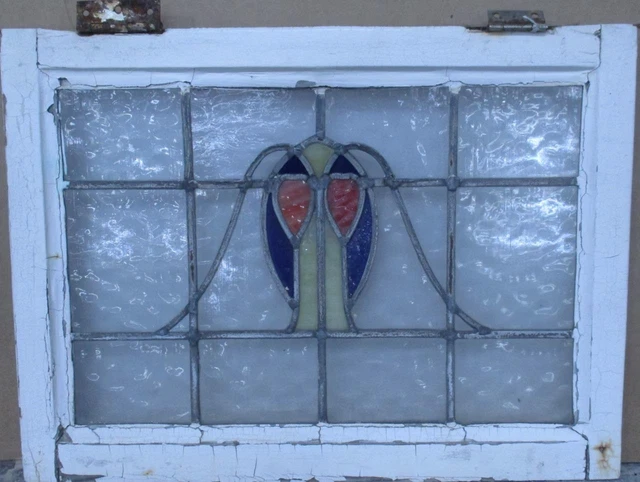 OLD ENGLISH LEADED STAINED GLASS WINDOW Pretty Abstract 22.5" x 16.75"