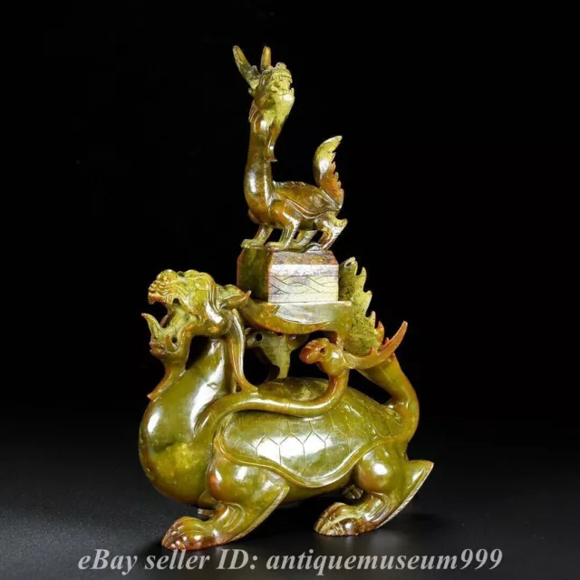 9.8"Chinese Natural Hetian Jade Nephrite Carving Dragon turtle Beast seal Statue