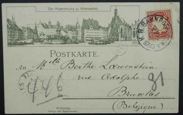 Bayern; 10 Pf. Wappen EF Postkarte mit Bahnpost K1  "NRNB - WZBG" 1904, Belgien