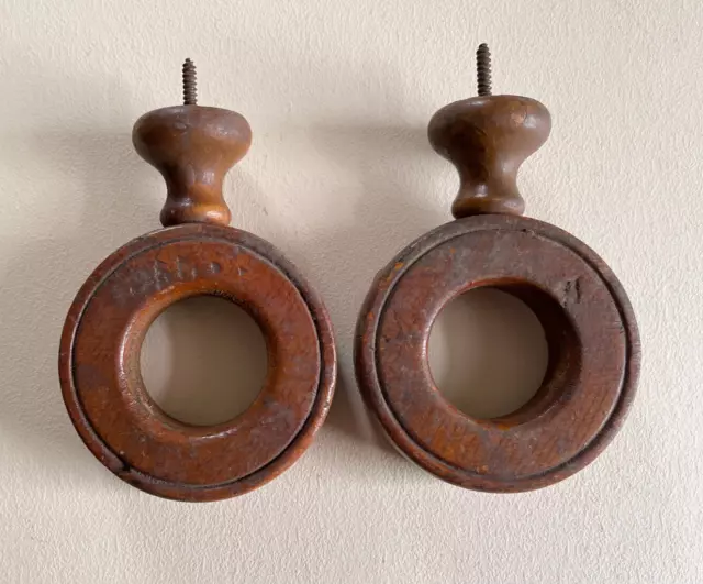 Vintage Pair Large Wood Curtain Rod Holders Round Antique Farmhouse Oak