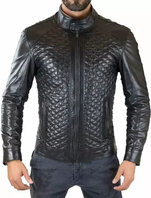 Mens Real Leather Black Diamond Cut Quilted Design Jacket Motor Biker Racer Coat